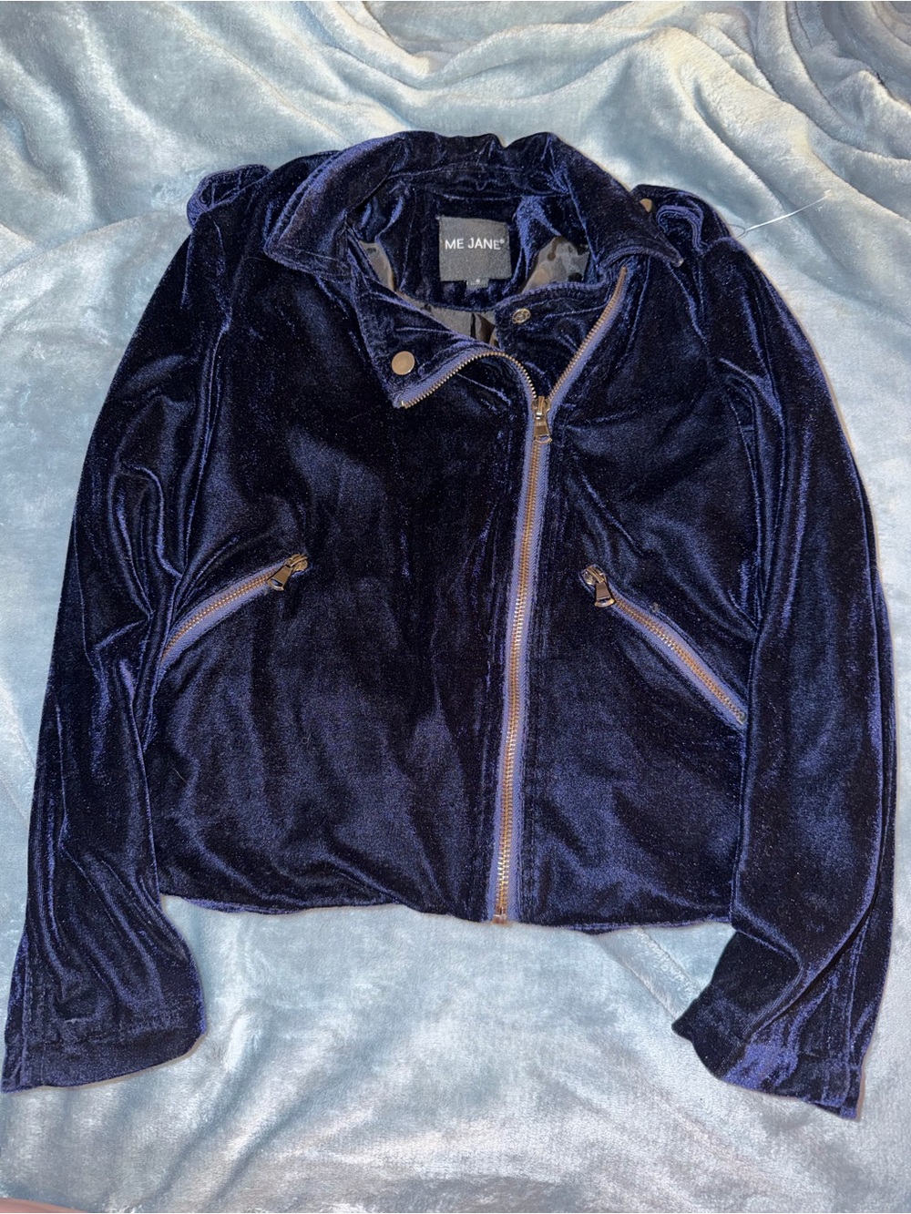 Me Jane Navy Velvet Moto Jacket with Gold Hardware